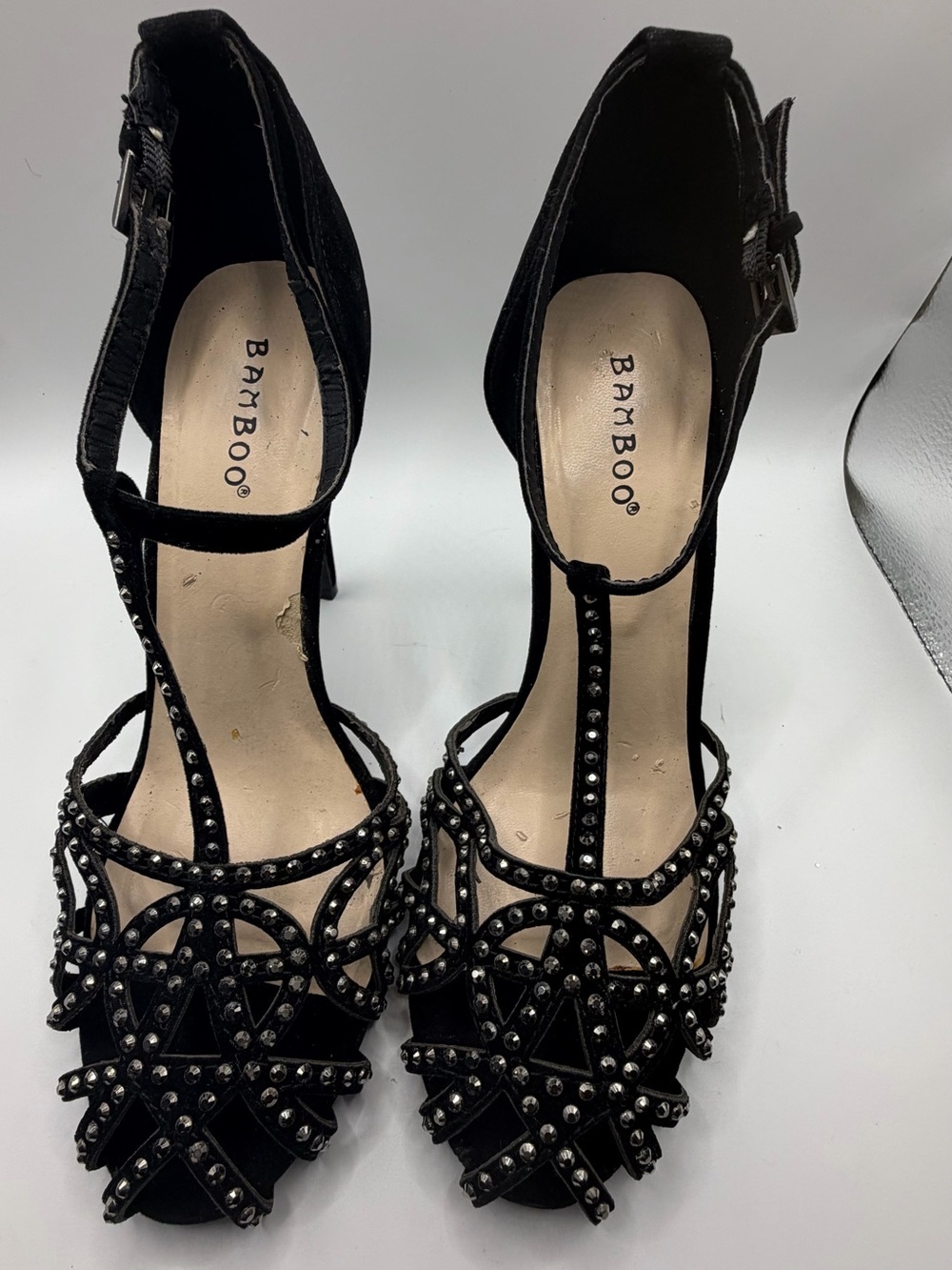 Bamboo Perton Suede Dress Rhinestone Studded Pumps